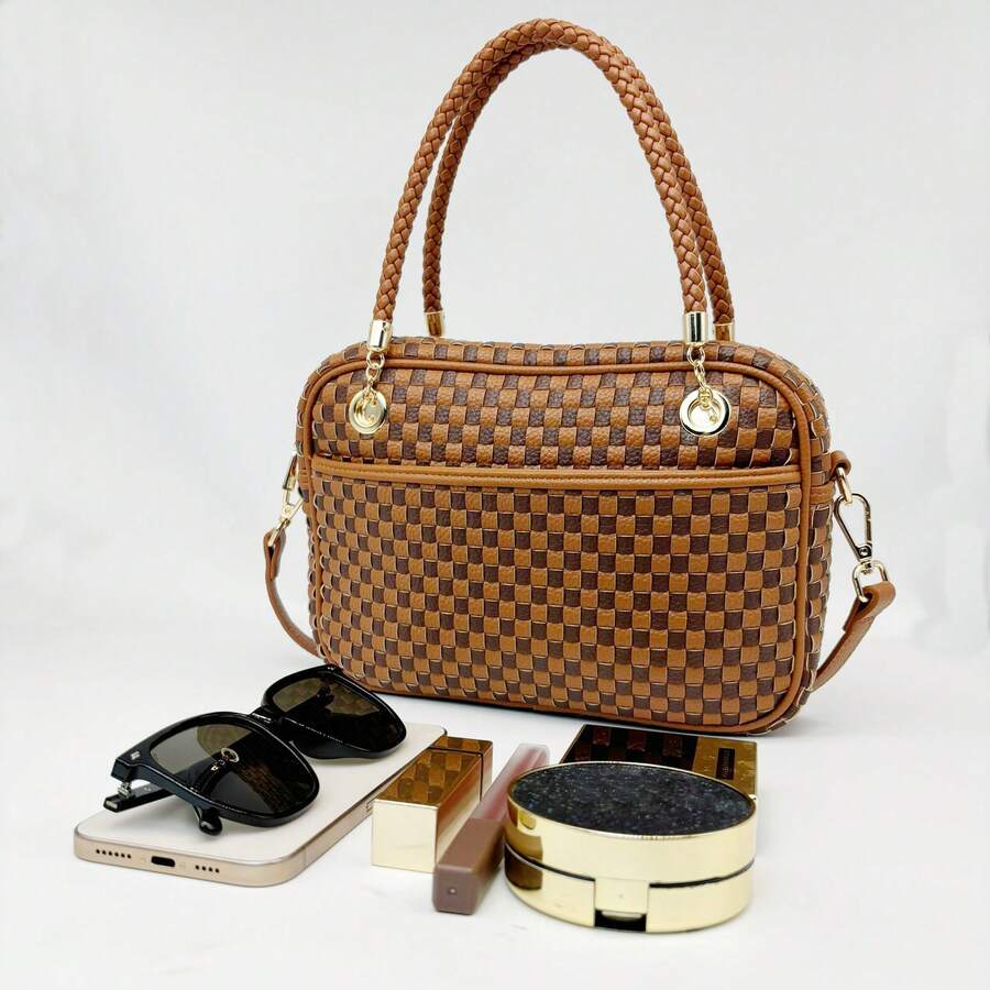 Checkered Crossbody Bag For Women Shoulder Plaid Handbags Top Handle Satchel Bag Woven Bum Bag Stylish Woven Crossbody Bag PU Leather - 咖啡棕色格子 - 查看 1
