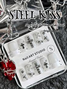 Bộ 10 miếng dán móng tay phong cách Punk thủ công, móng giả vuông cỡ trung bình, móng giả màu trắng kiểu Pháp với họa tiết chữ thập, kẹp giấy, đinh tán và màu trắng trong suốt, bộ dụng cụ làm móng nghệ thuật kim loại phong cách Cyberpunk, phù hợp cho sử dụng hàng ngày và các dịp đặc biệt, dụng cụ dán móng thủ công. - Nhiều màu - Xem 23