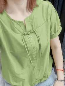 Áo sơ mi nữ dáng rộng, thoải mái kiểu Trung Quốc, cài cúc, màu trơn, thích hợp cho mùa hè. - màu xanh lá - Xem 9