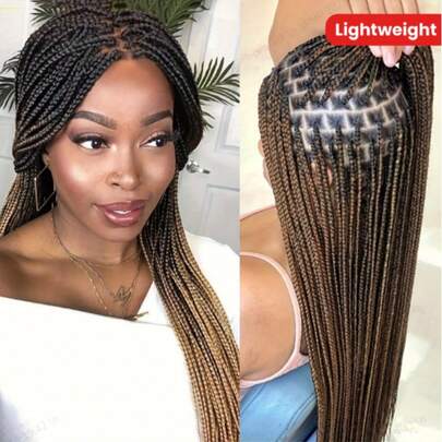 A ANYTIME 蕾丝前假发，带辫子，轻盈合成浅棕色玉米辫假发