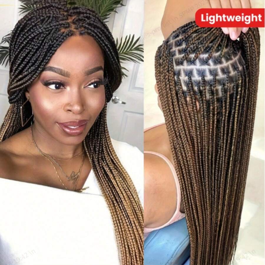 A ANYTIME Perruque avec tresses frontales en dentelle, perruque tressée en fibre synthétique légère brun clair