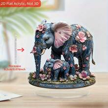 2D Flat One-Piece Warm Floral Mother & Baby Elephant Motherly Love Floral Absorb Sunlight Desktop Stand Acrylic Plaque, Adding Dreamy Holiday Atmosphere, Multifunctional Spring Gift, Suitable For Home, Office, Bedroom Desktop Decor, With Base - Multicolor - View 2