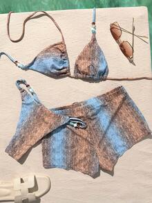 三件套女士泳衣比基尼套装，性感波西米亚风渐变蓝色动物纹迷你三角泳裤套装，含罩衫，适合度假、海滩、泳池和派对穿着，春夏系列 - 彩色 - 查看 7