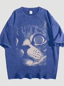 Creative Spiral Eye Cat Large Print Graphic Tees, Retro Hand-Drawn Line Art Graphic Tees, High Weight Pure Cotton Mens Clothes, Stiff Comfortable Loose Hip-Hop Cut T-Shirt, Daily Street Style Top - 藍色 - 查看 1