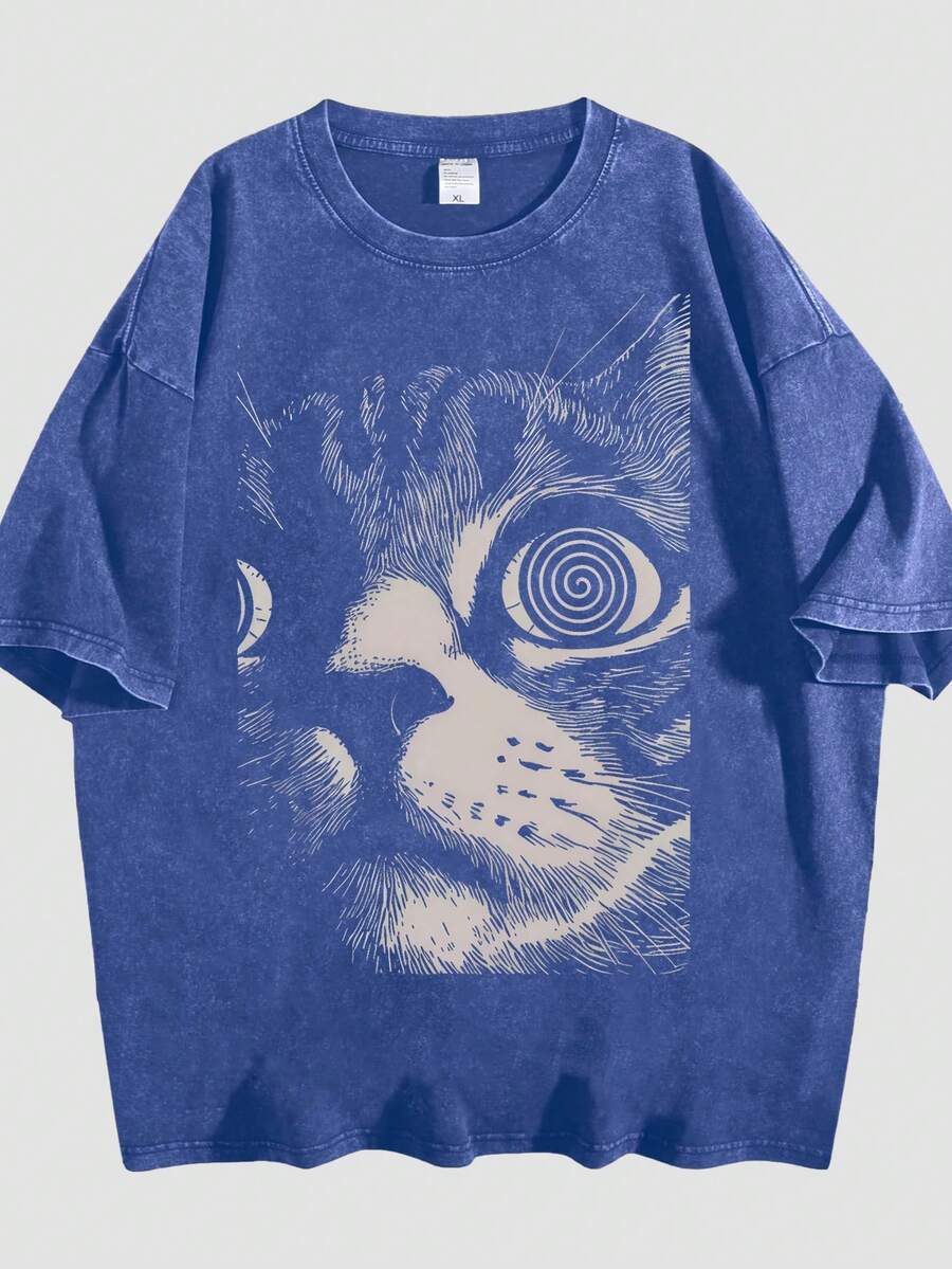 Creative Spiral Eye Cat Large Print Graphic Tees, Retro Hand-Drawn Line Art Graphic Tees, High Weight Pure Cotton Mens Clothes, Stiff Comfortable Loose Hip-Hop Cut T-Shirt, Daily Street Style Top - 藍色 - 查看 1