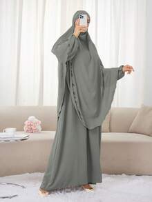 2pcs Set (Khimar + Abaya) Solid Color Muslim Prayer Outfit, Convenient Zipper Long Robe Abaya With Matching Hijab Headscarf, Casual Outdoor Essential Fashion Prayer Jilbab, Women's Abaya Robe, Abayas For Muslim Women - Multicolor - View 18