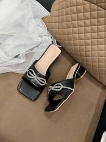 Black Rhinestone Strap Chunky Heel Sandals, Fashion Versatile Square Toe Comfortable Non-Slip Slides For Teens, Suitable For Party, Daily Wear - Black - View 17