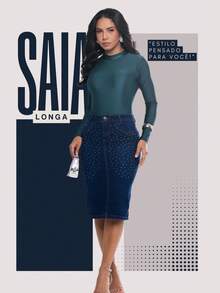 Saia Jeans Midi Feminino Elegante Moda Evangélica Com Pontos De Brilho Brilho - Azul - Visão 5