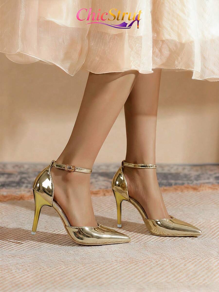 ChicStrut Zapatos de Tacón Fino Punta Fina para Mujer 2025 -Sandalias de mujer de tacón ultra alto y puntera puntiaguda con diseño minimalista y elegante para fiestas, Fiesta, Boda, Oficina - Plataformas Cómodas Acolchonadas y Elegantes, Sexy, Elegantes, Atuendos de fiesta, ideales para el otoño/invierno - Dorado - Ver 1