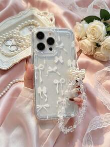 白色波尔卡圆点蝴蝶结设计防震手机壳，配有时尚挂绳，适用于 Apple 17 Pro Max、11、12、13、14、15 Pro Max/13 Pro Max、XR、XS、16 和 Galaxy A54 5G、A52、A14、A15、A12、S22、S21、S24、S25、S25 Ultra、S21 Ultra、A55 5G、A71 4G、A34 5G、A22、A13 4G、A05S 等 - 白色 - 查看 1