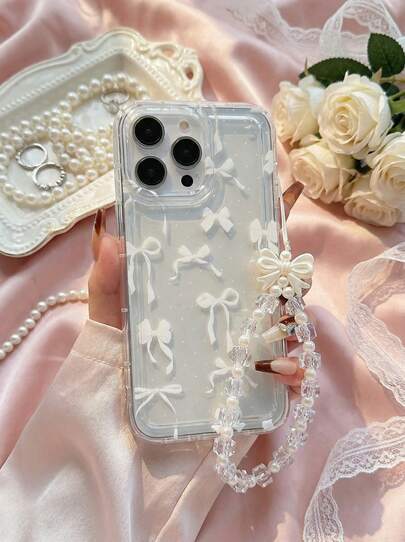 白色波尔卡圆点蝴蝶结设计防震手机壳，配有时尚挂绳，适用于 Apple 17 Pro Max、11、12、13、14、15 Pro Max/13 Pro Max、XR、XS、16 和 Galaxy A54 5G、A52、A14、A15、A12、S22、S21、S24、S25、S25 Ultra、S21 Ultra、A55 5G、A71 4G、A34 5G、A22、A13 4G、A05S 等