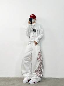 1pc Justice Brother Korean Style Embroidered White Denim Jeans, Loose Fit, Versatile, Comfortable Casual Wide Leg Pants (Belt And Accessories Not Included) - White - View 4