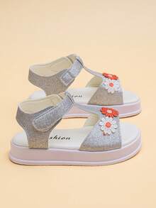 女童夏季凉鞋，软底轻便，花卉图案，可调节绑带 - 銀色 - 查看 7