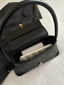 1pc Solid Color Portable Commuter Latch Fashionable Minimalist Retro Versatile Shoulder Bag Handbag, Suitable For Women's Daily Use - Black - View 9