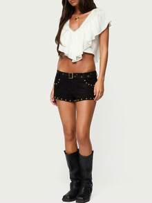 Women Ruffled Crop Tops Fashionable Solid Color Lace Trim Tie Back V Neck Summer Tops - 白色 - 查看 6