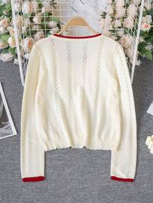 Women's Spring/Summer Korean Style Knit Cardigan | Lightweight Open Front Sweater With Color-Contrasting Drawstring Details, Soft & Comfortable Openwork Knit Fabric Creates A Relaxed, Sweet Style - Apricot - View 7