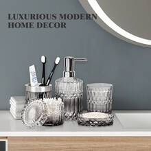 5-Piece Diamond-Cut Glass Bathroom Accessories Set, Includes Soap Dispenser, Soap Dish, Toothbrush Holder, Tumbler & Cotton Swab Jars, Modern Crystal Decor For Bathroom - Housewarming Gift - 透明漸變 - 查看 8