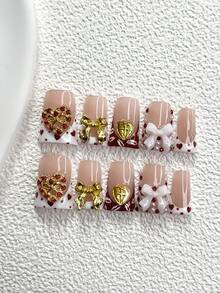 10pcs Romantic Valentine's Day Nail Stickers, Including Coffin Shape, Almond Shape, Duck Shape, French Manicure Stickers, Gold Hearts, Bow Nail Decorations, Hand-Painted Lips, Shiny Hearts, White Nail Polish, Faux Pearls And Red Rhinestones. Includes Tool Kit (1 Jelly Sticker + 1 Nail File), Ideal For Women To Use On Parties, Holidays, Dates, Valentine's Day And Other Occasions, Perfect Nail Art Supplies. Nails - Nhiều màu - Xem 2