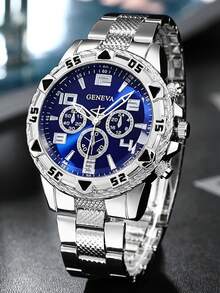 三件套简约商务男士石英表套装，银色配饰，搭配银色金属表带石英表。此套装包含1块多功能计时表、1条银色链式手链和1条长项链，主要为蓝色调，表盘采用罗马数字，并饰有链条装饰细节。 - 銀色 - 查看 6