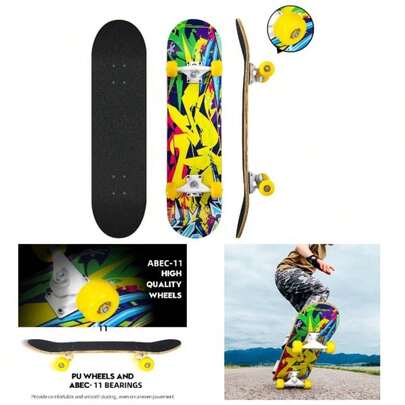 Skateboards Beginners, 31x 8 Inch Complete Skateboard Teens Adults, 8 Layer Maple Double Kick Deck Concave Cruiser Trick Skateboard With Multifunction Skate