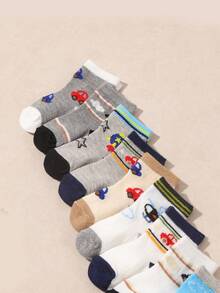 10 Pairs Baby & Toddler Crew Socks, Cartoon Car/Rocket Pattern, Striped/Star Mixed Pattern, Contrast Heel/Toe, Soft Cotton Knit, Breathable Elastic Fit, Fun Socks Set For Baby Boys - Multicolor - View 5