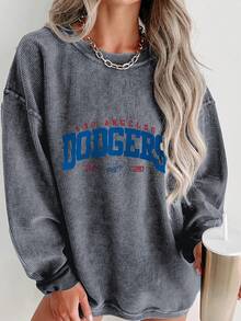 Valentine Outfits For Women, Los Angeles Dodgers Graphic, Oversized Long Sleeve Sweatshirt, Casual Streetwear Style, Essentials Hoodie - 深灰色 - 查看 1