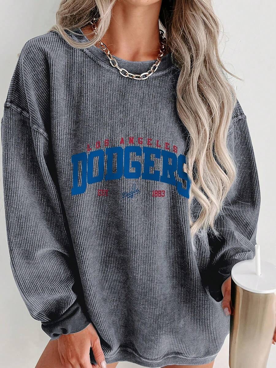 Valentine Outfits For Women, Los Angeles Dodgers Graphic, Oversized Long Sleeve Sweatshirt, Casual Streetwear Style, Essentials Hoodie - 深灰色 - 查看 1