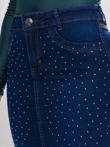 Saia Jeans Midi Feminino Elegante Moda Evangélica Com Pontos De Brilho Brilho - Azul - Visão 3