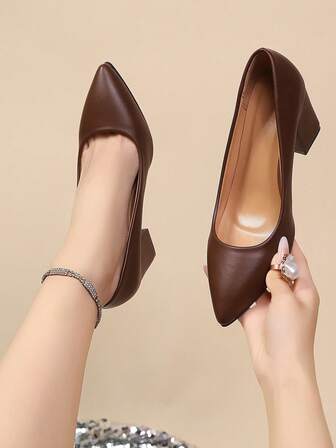 2025 Spring/Autumn New French Elegant Pointed Toe Chunky Heel Pumps, Versatile Shallow Soft Leather Office/Commute High Heels For Women