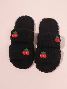 Spring/Summer Casual Cute Cherry Embroidered Plush Open Toe Slippers, Soft & Comfortable Lightweight Sole, Suitable For Living Room And Bedroom, All Season - Black - View 2