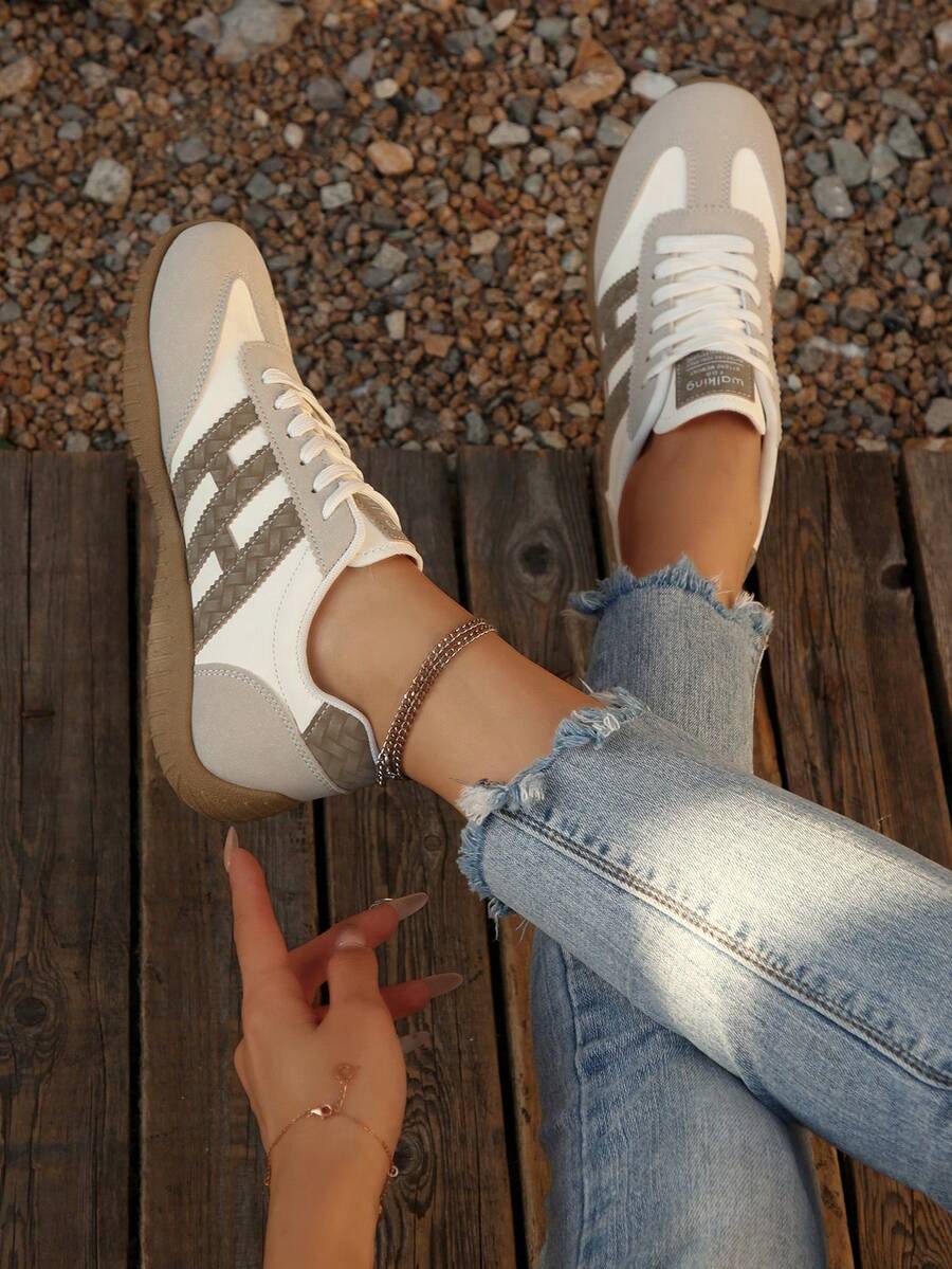 Giày thể thao nữ đế cao su kẻ sọc cổ điển, kiểu dáng đường phố retro, phối màu tương phản - Mẫu giày kinh điển, đa năng, không thể thiếu cho mùa hè, xuân, lễ Phục sinh, quà tặng ngày Valentine. - Màu xanh Ô liu - Xem 1