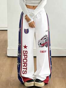 春季新款女式运动裤：撞色设计，白色、蓝色、红色，复古运动图案印花，宽松阔腿版型，舒适休闲面料，适合日常穿着和复古街头风。 - 藍白色 - 查看 6