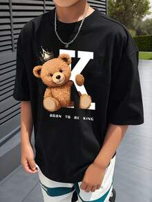 Tween Boys' Casual Bear & Letter Print Short Sleeve T-Shirt, Summer - Black - View 1