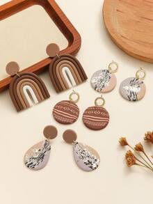 1 Pair Retro Earth Tone Polymer Clay Drop Earrings With Rainbow Shape Gilding Foil Texture Pattern Round Design Dangle Earrings For Women Daily Casual Travel Vacation Wear And Boho Style Lovers - Retro-style Gold-plated Multi-color - View 7