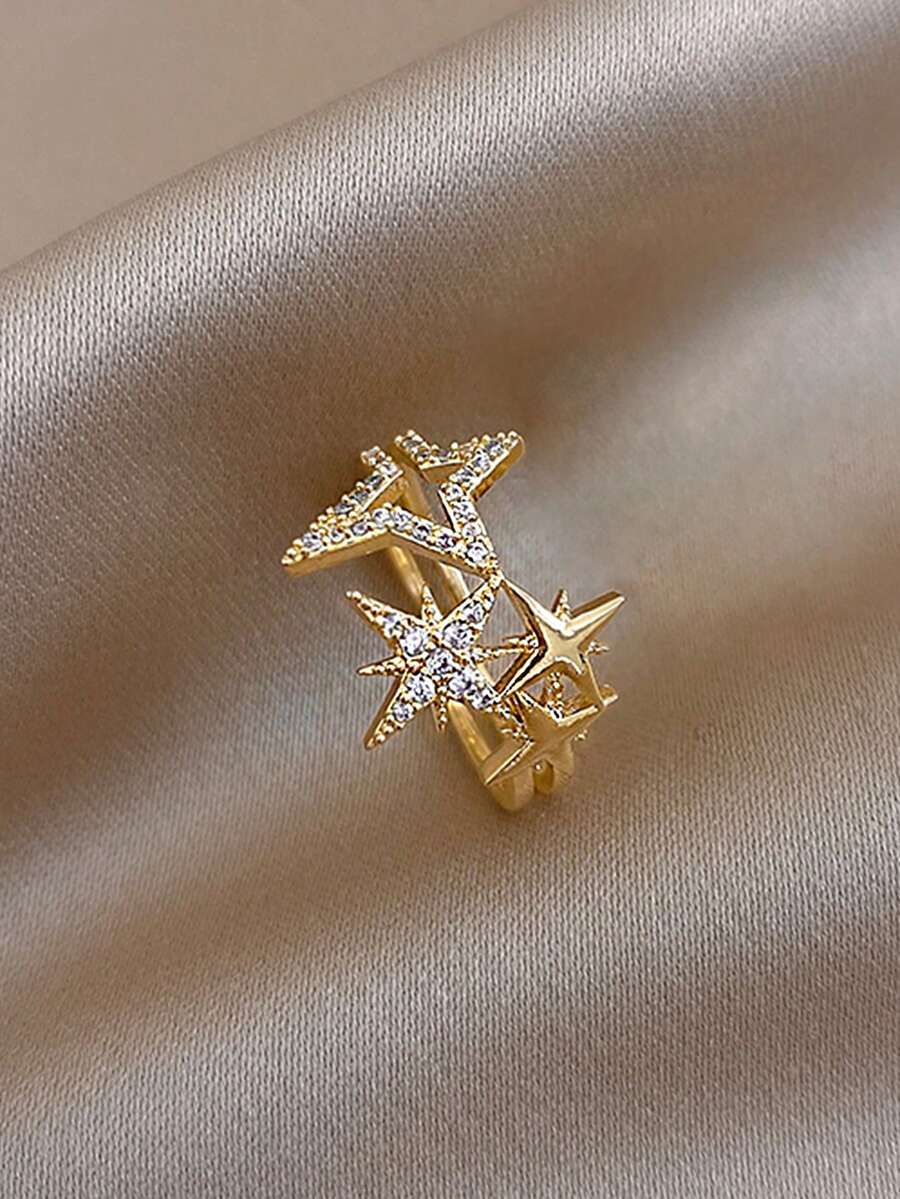 1pc Elegant Sparkling Star Shaped Zirconia Inlaid Open Ring, Suitable For Festivals, Leisure And Vacation Wear