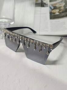 POLASUP 1副女士粉色平顶水钻流苏时尚眼镜，适合派对、角色扮演，饰有钻石和水晶，粉色镜框，Y2K奢华假日派对可爱时尚眼镜，适合海滩、主题派对（附赠清洁布） - 彩色 - 查看 1