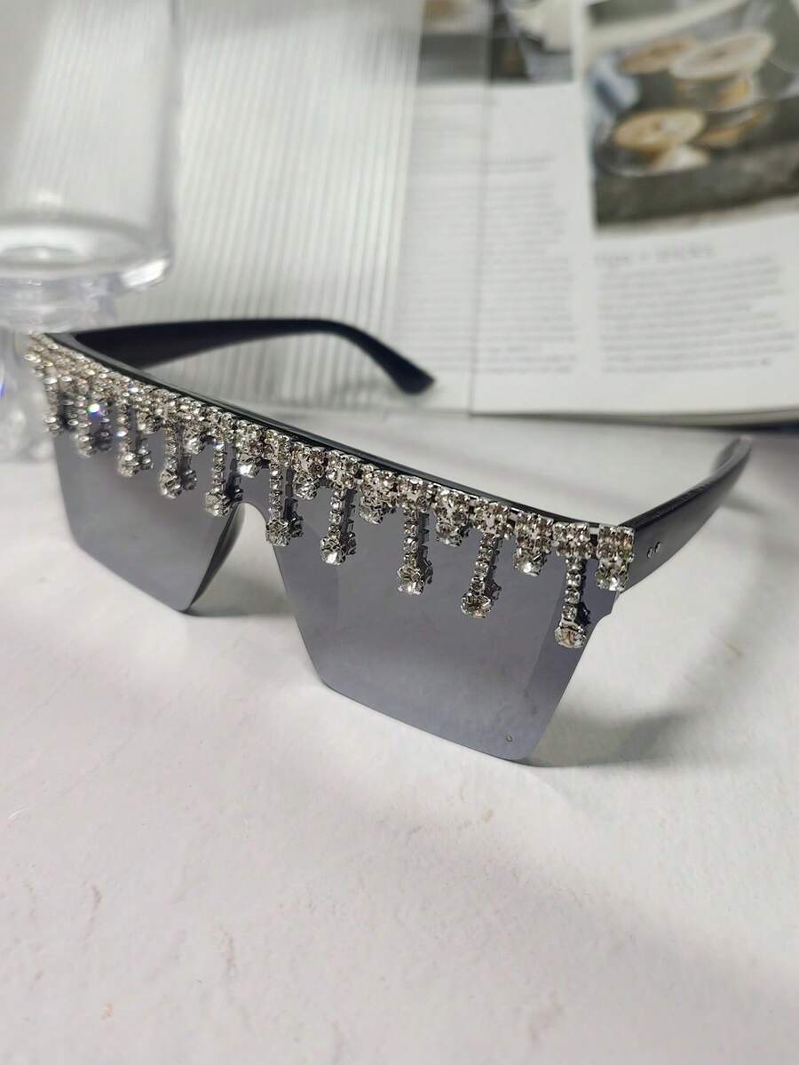 POLASUP 1副女士粉色平顶水钻流苏时尚眼镜，适合派对、角色扮演，饰有钻石和水晶，粉色镜框，Y2K奢华假日派对可爱时尚眼镜，适合海滩、主题派对（附赠清洁布） - 彩色 - 查看 1