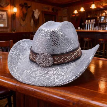 Sombrero de vaquera estilo occidental con elegante estampado de cocodrilo y cinturón decorado con ala ancha para hombres y mujeres para fiestas al aire libre.
