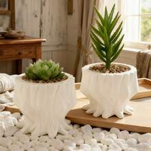 1pc Resin Flower Pot Sculpture With Drainage Hole Design, Suitable For Outdoor Garden Plant Pot Decor, Housewarming Gift - White - View 3