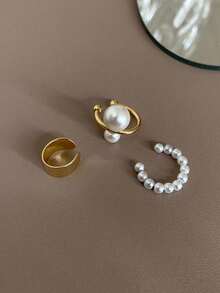 3pcs/Set Vintage Geometric Faux Pearl Clip-On Earrings, Elegant Non-Pierced Ear Cuff Jewelry