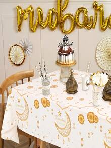 1/2pcs Ramadan Kareem Disposable Plastic Tablecloth | 86.61*51.18inch White Golden Moon Star Lantern Pattern Tablecover, Ramadan Decoration For Home, Islamic Muslim Party Supplies, Eid Al-Fitr Gifts, Party Tablecovers - Multicolor - View 3