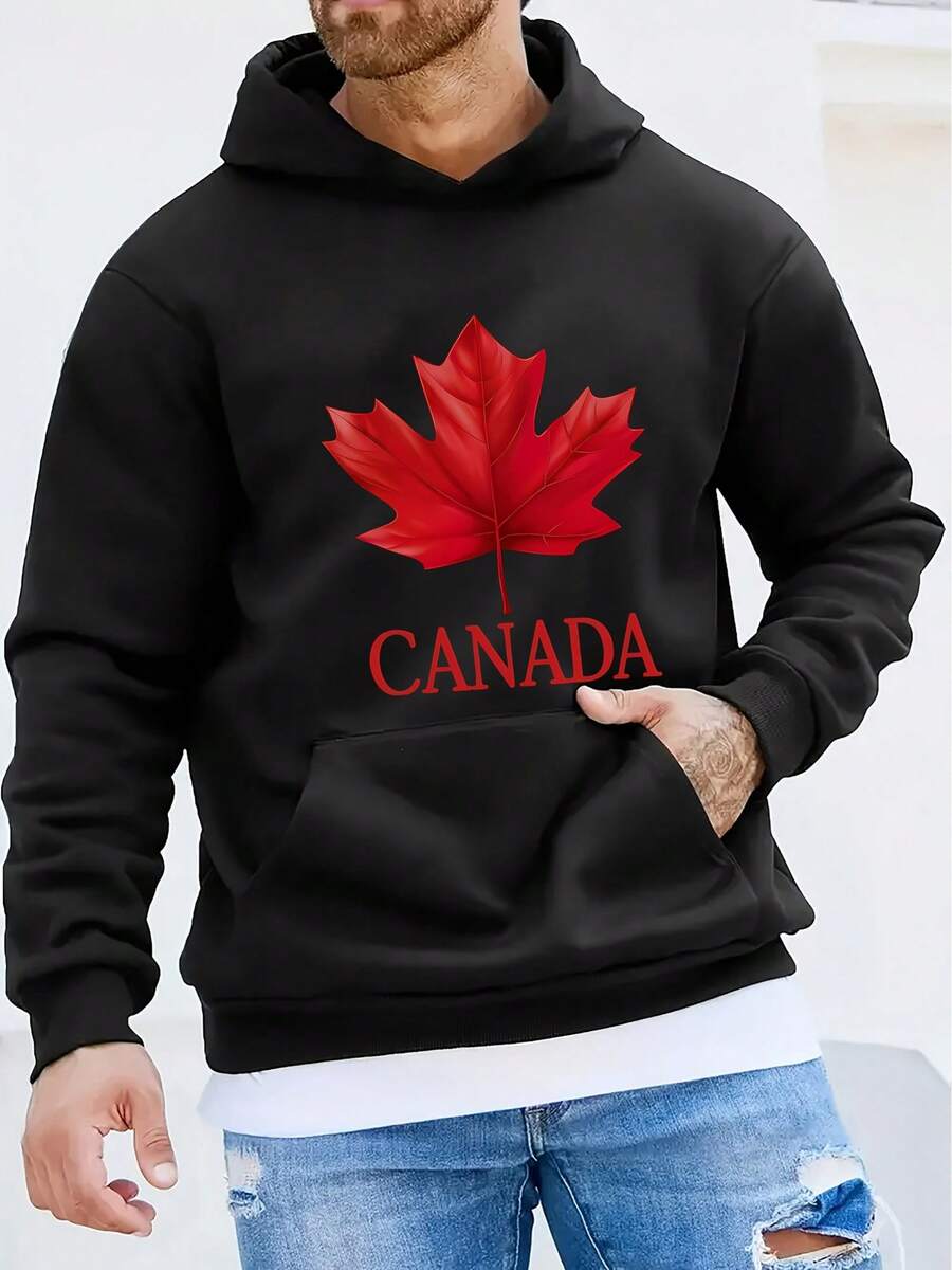 Sudadera con Capucha para Hombre de Estilo Y2K Clásico con Hoja de Arce Canadiense - Bolsillo Canguro Forrado, Diseño Exquisito, Fácil de Combinar para Todas las Estaciones. Material de Mezcla de Poliéster con Múltiples Colores y Tallas Disponibles – Ideal para Salidas Diarias, Actividades - Negro - Ver 1