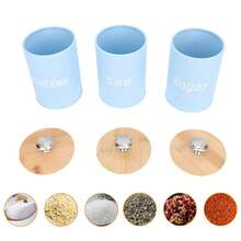 Set Of 3 Airtight Iron Canisters With Lids - Multifunctional Jars For Tea, Coffee And Sugar - Elegant Blue Design - Baby Blue - View 3