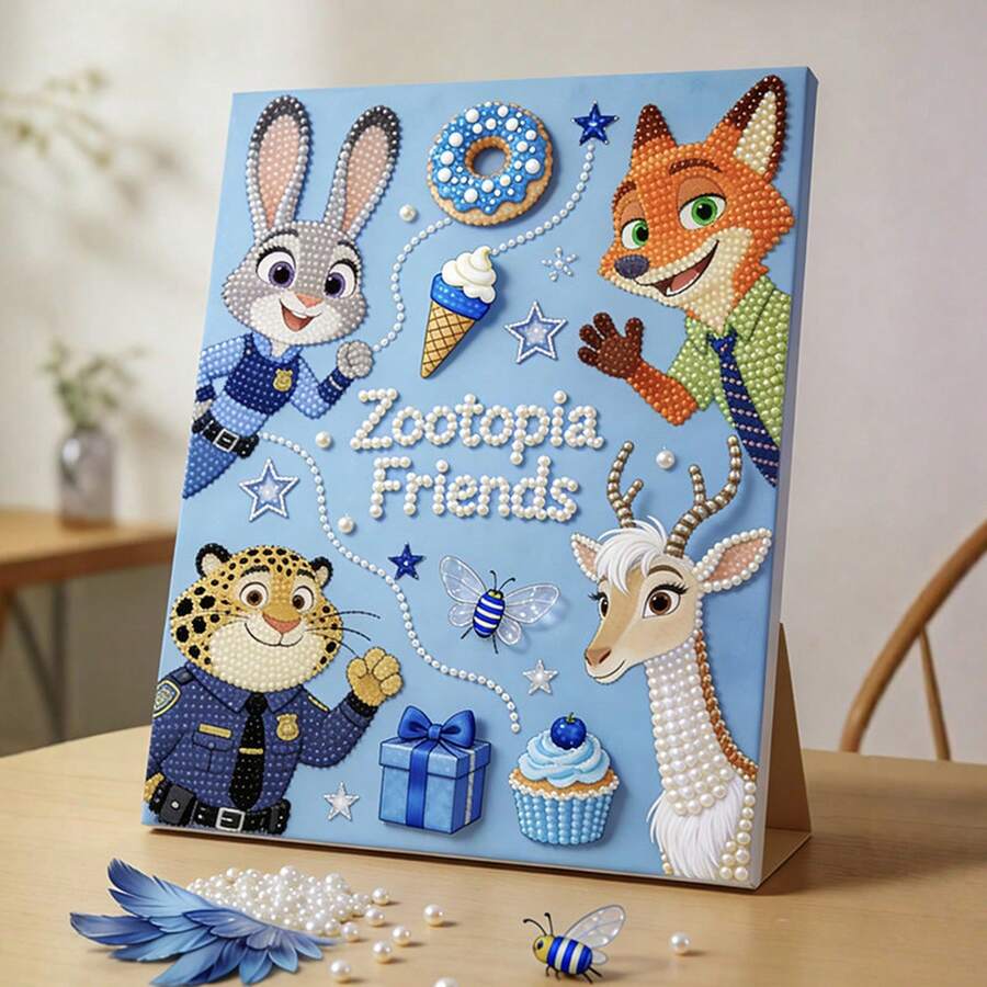Disney 迪士尼疯狂动物城2珍珠画套装，卡通人物尼克和朱迪，5D钻石画DIY手工全珍珠刺绣珍珠艺术品，珍珠艺术画套装，工艺品，手工家居装饰礼品，客厅厨房卧室墙面艺术，送给她的礼物，生日礼物，室内装饰，节日礼物