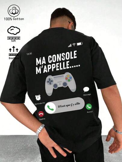 Camiseta de hombre 100% algodón, camiseta de manga corta holgada de algodón puro con temática de consola de juegos MA CONSOLE negra, ropa deportiva de nueva llegada de temporada de primavera/verano para hombres, elegante camiseta de manga corta para hombre suave y transpirable.