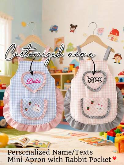 Personalized Name/Texts Mini Apron With Rabbit Pocket & Custom Text Kids Apron - ' Sleeveless Dress, Birthday Party Outfit - Personalised Kids Apron, [6-10 Years Old]Custom Kids Apron, Children Apron With Little Ribbit Design Included, Printed Toddler Apron And Hat, Christmas Gift. Realistic Miniature Kitchen Baking Utensils, Mini Kitchen Apron For Boys And Girls, Back To School Gift, Christmas Gift