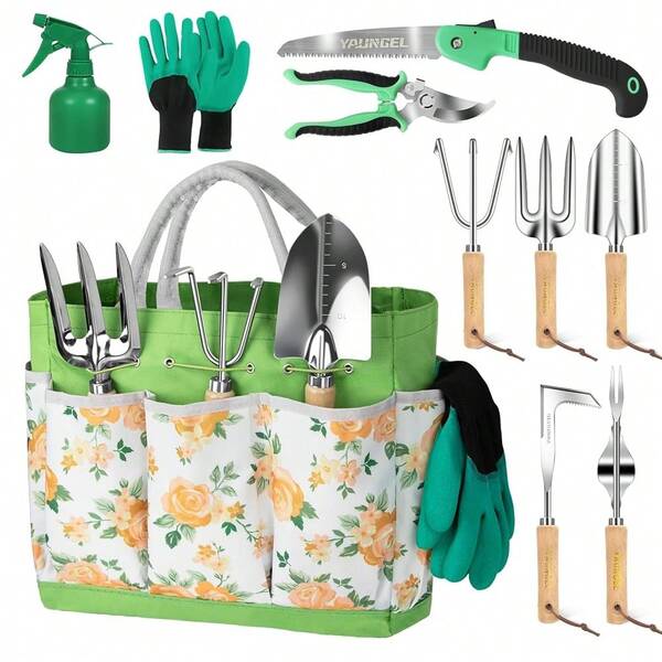 Gardening Tool Set For Women - 10 Piece Heavy Duty Stainless Steel Garden Tools Kit With Ergonomic Non-Slip Handle And Stylish Storage Tote Bag, Ideal Gardening Gifts For Mom, Grandma, Gardeners