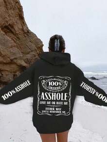 Plus Size Women Slogan Print Drop Shoulder Long Sleeve Casual Loose Thermal Lined Hoodie Sweatshirt, Autumn/Winter - 黑色 - 查看 8