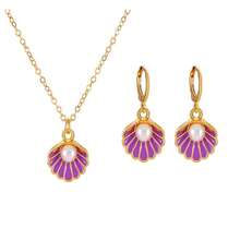Seashell Pearl Pendant Necklace Gold Plated Boho Enamel Pink Blue Scallop Sea Shell Starfish Ocean Animal Chain Necklace For Women Hawaiian Summer Beach Holiday Fashion Jewelry Gifts - 紫色首飾套裝 - 查看 2