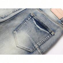 Pantalones vaqueros de PU para hombre con bordado de rasgaduras, diseño de retazos, corte ajustado elástico, estilo moderno de la calle, duraderos, cómodos y elegantes. - Gris - Ver 6